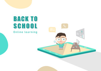 Online learning, student learning with teacher back to school, people character vector, isometric perspective idea and creative concept background