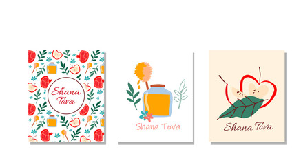 Fototapeta premium Rosh Hashana Greeting Cards with Hebrew New Year Symbols Vector Templates