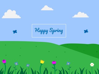Happy Spring green grass and colorful flower and old blue butterfly with white cloud and blue sky