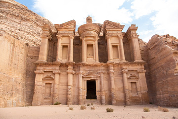 Highlight of Petra, the amazing Ad Deir, The Monastery with blue sky