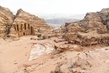 Highlight of Petra, the amazing Ad Deir, The Monastery with blue sky