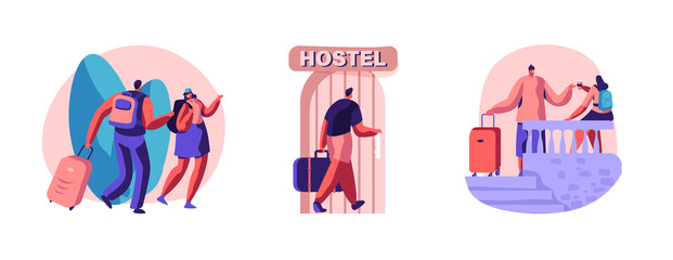 Fototapeta premium Set of Diverse Young People Arriving in Hostel. Male and Female Tourist Characters Move into Motel for Staying at Night, Cheap Accommodation for Students or Travelers. Cartoon Vector Illustration