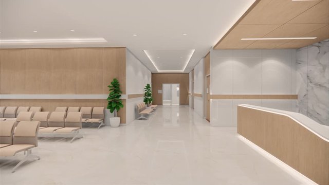 3d rendering. Interior hospital modern design . Counter and Waiting area  Empty Reception Medical practice concept.4k