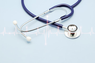 Double exposure of medical stethoscope and cardiogram isolated on light blue. Cardiac therapeutics assistance, pulse beat measure, arrhythmia pacemaker medical healthcare concept with copy space.