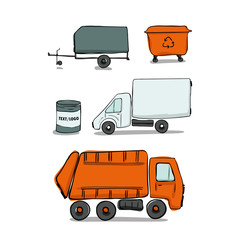 Set of cargo vehicle truck, waste collector, car trailer and wheelie bin vector illustrations in hand drawn cartoon doodle style.