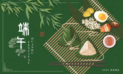 Happy Dragon Boat Festival background template traditional food rice dumpling bamboo leaf realgar wine and filling stuffing. Chinese translation : Duanwu and Blessing