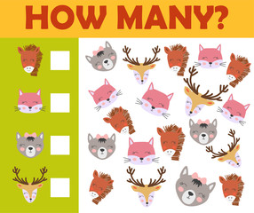 Counting animal games for preschool kids sheet layout in colorful printable version