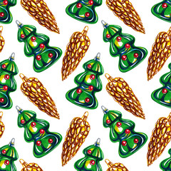 Christmas  toys on a white background. Holiday seamless pattern design for paper, packaging, textile, fabric, wallpaper.