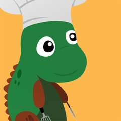Illustration of Green Dinosaur Chef Carry Spatulas and Knives Cartoon, Cute Funny Character, Flat Design
