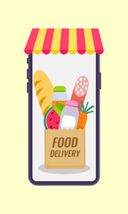 Online Food Delivery. Bag icon with food. Vector illustration