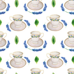 Watercolor seamless pattern with vintage cup on a saucer isolated on white background. Print with a cup for tea or coffee and lavender flowers, a rustic kitchen motif for fabrics, wallpaper and paper.