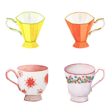 Hand drawn set of watercolor cups in warm colors on a white background. Yellow and orange coffee cup and porcelain tea cups with pink elements in vintage style.
