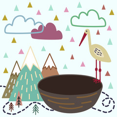 Stork and its nest. Cute baby photo frame. Forest, mountains. Simple vector illustration.