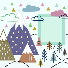 Cute children frame for nature photo. Forest, mountains. Simple vector illustration.