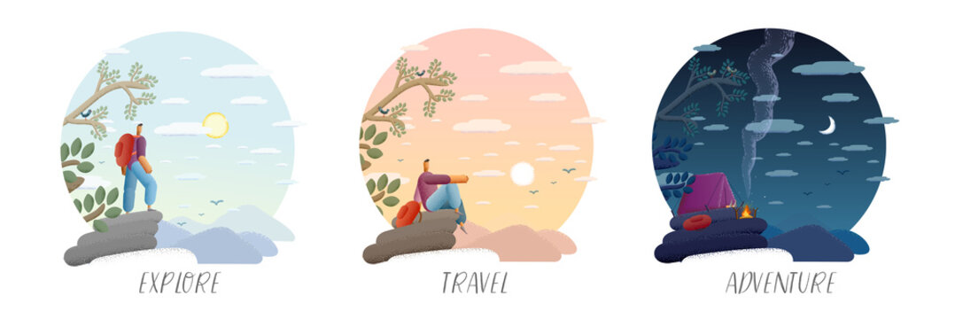 Vector illustration. A man on a hike. A set of images about travel, tourism, adventure, camping.
