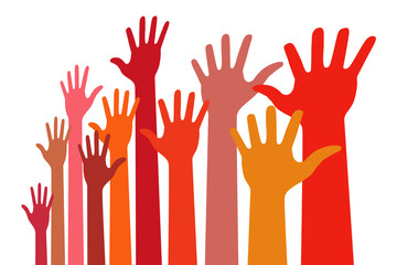 Up hands bright colorful distort icon. Raised hands in perspective. Vector logo distorted illustration.