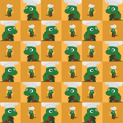 Obraz premium Green Dinosaur Chef Carry Spatulas and Knives Cute Illustration, Cartoon Funny Character, Pattern Wallpaper 