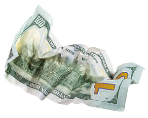 Crumpled 100 dollars, isolated on white background, clipping path, full depth of field