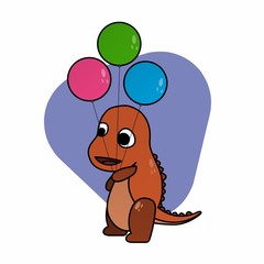 Illustration of Orange Dinosaurs Carrying Balloons Cartoon, Cute Funny Character, Flat Design