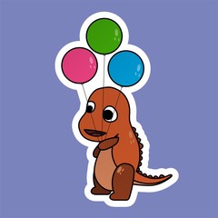 Stickers of Orange Dinosaurs Carrying Balloons Cartoon, Cute Funny Character, Flat Design