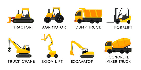 Forklift with boom lift and others trucks for cargo and construction - Vector icon set isolated on white.