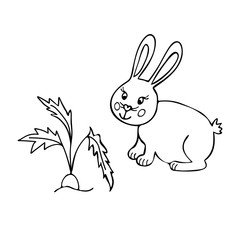 Rabbit with a carrot drawn black line. Image for your decor and design. Vector illustration. Decoration. Coloring. Hare is a wild animal. Isolated object on a white background.