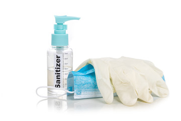 Obraz na płótnie Canvas Sanitizer, face mask and gloves are essential for personal protection in the new normal lifestyle