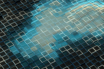 Glowing cubes block, glass material, 3d rendering.