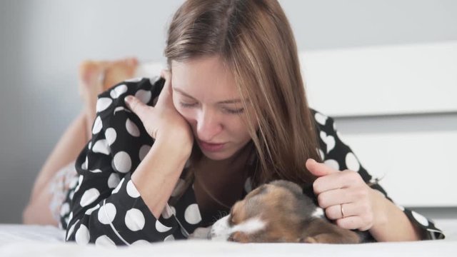A beautiful woman strokes a beagle puppy at home in bed.
