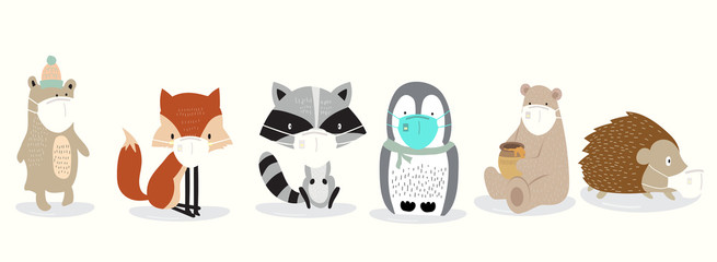 Cute animal object collection with bear,fox,skunk,penguin,hedgehog wear mask.Vector illustration for prevention the spread of bacteria,coronviruses © piixypeach