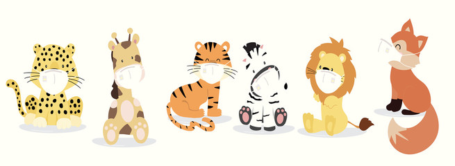 Cute animal object collection with lion,fox,zebra,tiger, leopard, giraffe wear mask.Vector illustration for prevention the spread of bacteria,coronviruses