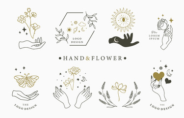 Black flower logo collection with leaves,geometric.Vector illustration for icon,logo,sticker,printable and tattoo