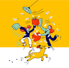 Naughty Hyperactive Children Characters in Medical Masks Fighting, Staying at Home on Quarantine Covid19. Little Girls Playing, Making Mess, Kids Fight on Pillows. Linear People Vector Illustration