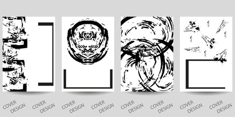 Abstract minimal geometric backgrounds set.Black and white hand-drawn pattern with brush strokes . For printing on covers, posters, sales, flyers. Modern design. Vector. EPS10