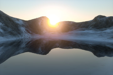 Snow mountains and lake, natural background, 3d rendering.