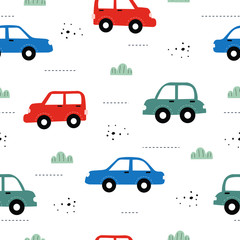 Seamless repeat vector pattern A colorful vintage car background and a clump of grass with small dots Design used for publication Gift wrap, textile, fabric, vector illustration