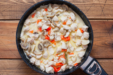 Step-by-step preparation of chicken fillet with mushrooms in sour cream sauce, step 6 - mixing fried chicken with mushrooms in sour cream sauce, selective focus