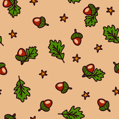 Seamless vector pattern with acorns and stars on light pink background. Simple autumn wallpaper design.