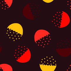 Seamless vector pattern with half circles and dots on mahogany red background. Simple wallpaper design with abstract bowl for fabric fashion.