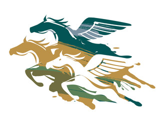 Three powerfull winged horses. 
Colorful illustration of powerfull mythological horses at Full Speed. Vector available.