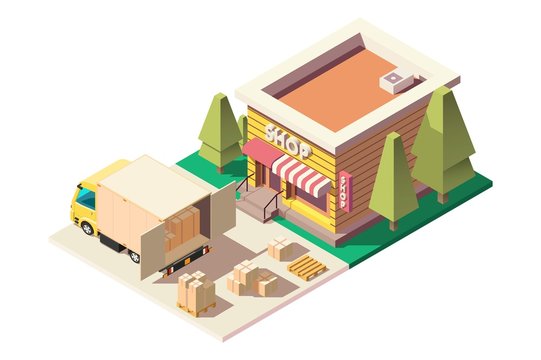3d isometric urban truck delivery boxes to store.
