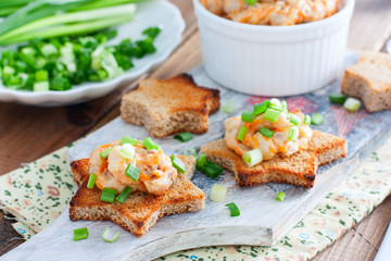 Homemade herring pasta with slices of brown bread, mincemeat, selective focus