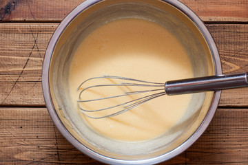 Step by step preparation of vanilla muffins, step 3 - adding eggs and vanilla extract, top view, horizontal