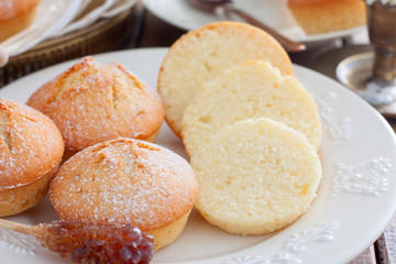 Homemade vanilla muffins sprinkled with icing sugar, selective focus