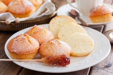 Homemade vanilla muffins sprinkled with icing sugar, selective focus