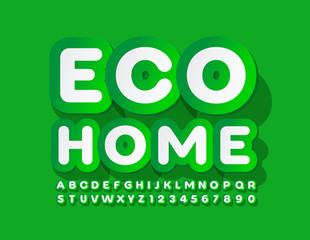 Vector sticker label Eco Home with Green and White Font. Creative Alphabet Letters and Numbers