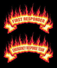 First Responder Fire Flames Banner is an illustration of an top arched flaming fire banner with first responders and emergency response team text. Great promotional image for firefighter or EMT.