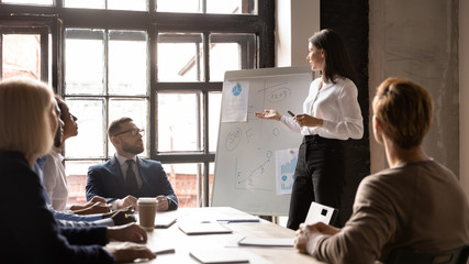 Confident young businesswoman talk make flip chart presentation for diverse businesspeople at meeting, serious female coach or trainer speak present business project on whiteboard at briefing