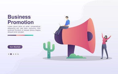 Business promotion illustration concept with tiny people. Men and women business people are promoting their business to develop.