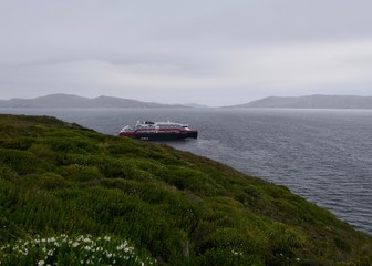 Expedition cruise ship before cape horn, with gras and clouds, Chile, Cape Horn